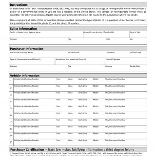 Form VTR-901. Purchaser's Certification of Export-Only Sale - Texas