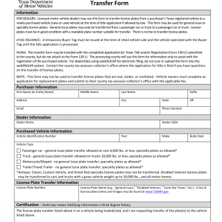 Form VTR-904. License Plate Transfer Form - Texas