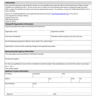Form VTR-950. Application for Nonprofit Organization Specialty License Plate - Texas